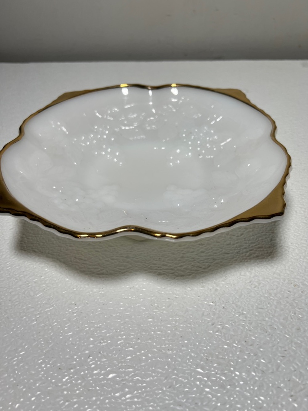 Vintage White Milk Glass Bowl with Thick Gold Trim Pedestal Bottom